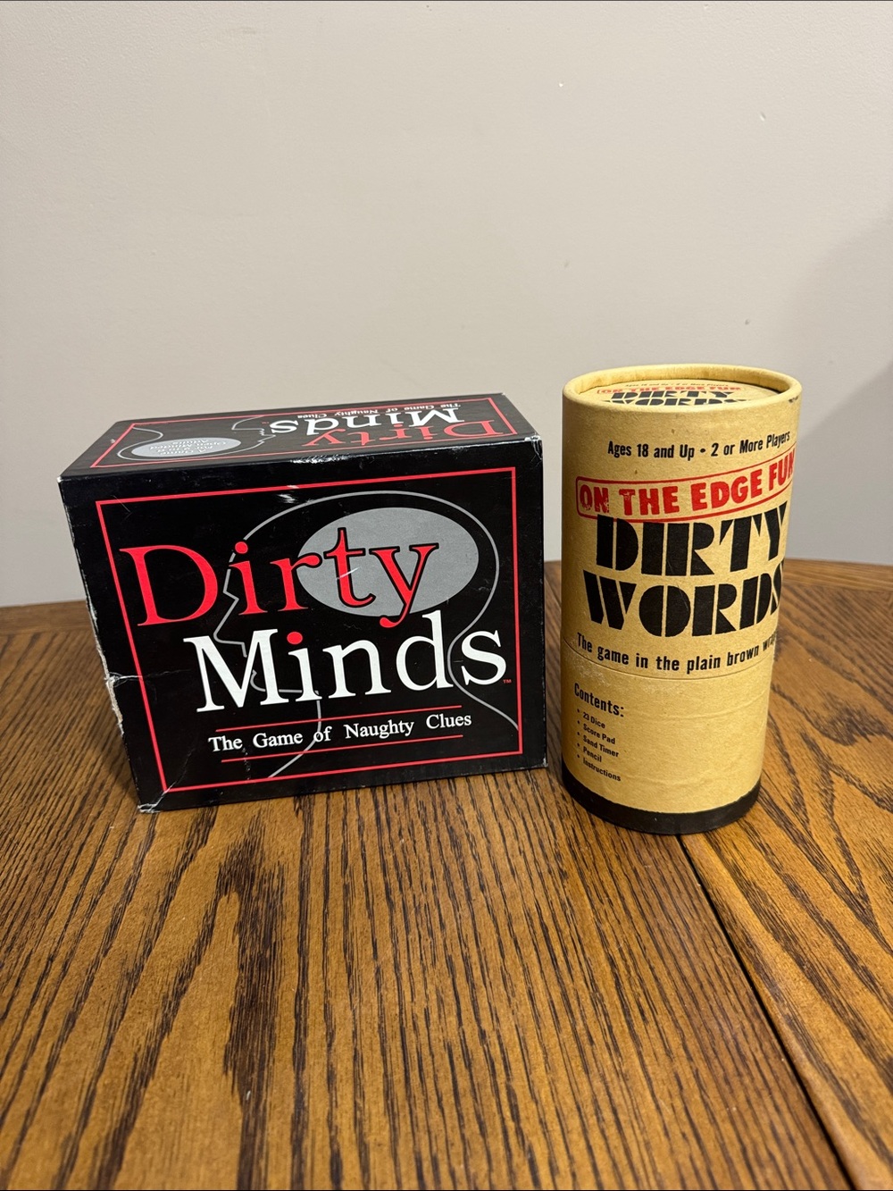 Dirty Minds & Dirty Words Adult Party Game Set - Black & Red Box & Tan Cylinder